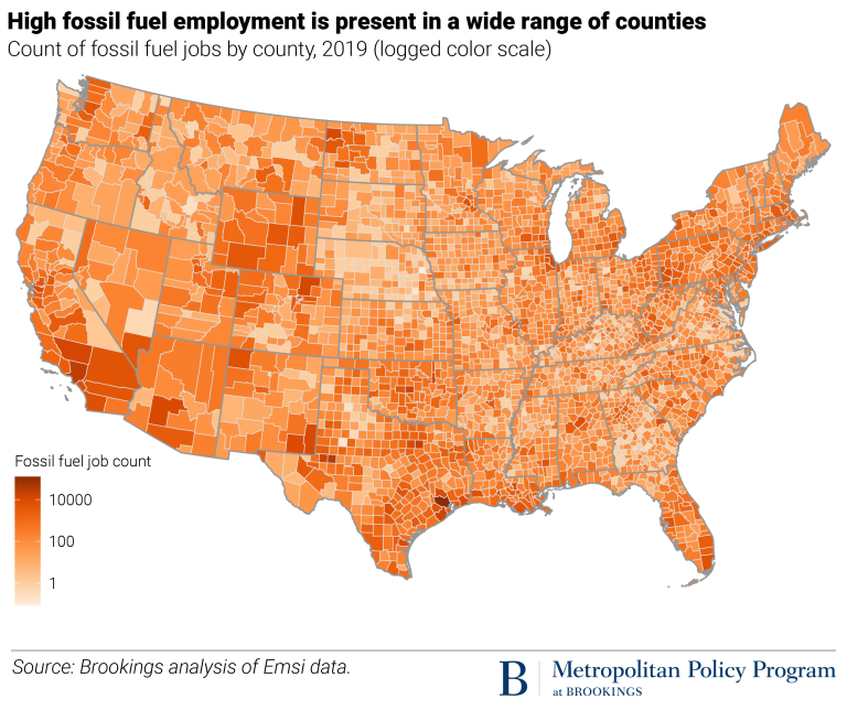 High fossil fuel employment is present in a wide range of counties US map